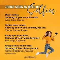 a woman jumping up in the air with her cell phone to her ear and texting about zodiac signs as types of selfies