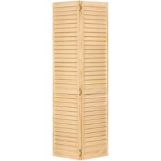 a wooden room divider with shutters on the sides and one section closed up