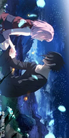 an anime scene with two people in the air