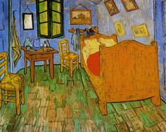 a painting of a person sitting at a table in a room with a bed and desk