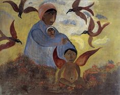 a painting of a woman holding a child in her arms with birds flying around her