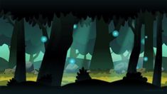 an image of a game scene with animals in the woods and glowing lights coming from trees