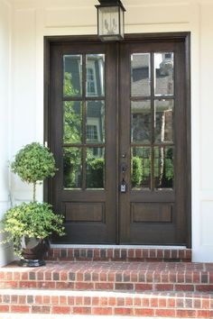 two potted plants sitting on the front steps of a house with double doors and windows