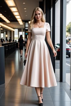 Simple Tea Length Dress, Middle School Dance Dresses Modest, Summer Simple Dress, Long Dress Graduation Outfit, Dress Modeling Poses, Neck Styles For Dresses, Fancy Clothes Women, Square Neck Dress With Sleeves, Commencement Dress