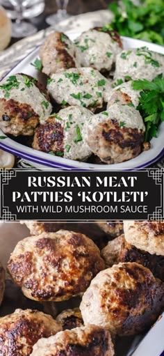 russian meat patties with wild mushroom sauce on a platter and in the background