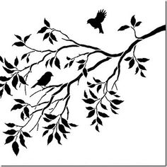 a tree branch with leaves and birds on it, drawn in black against a white background