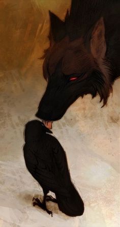 a painting of a black bird and a red eyed wolf kissing each other's noses