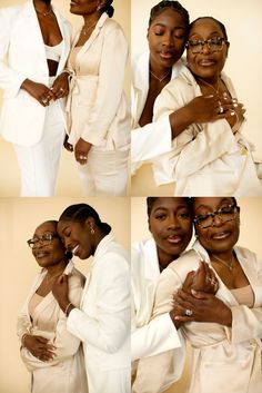 four photos of two women in white outfits and one is holding her arm around the other woman's shoulder