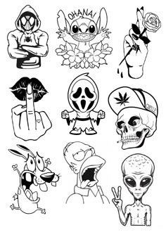 some cartoon characters are drawn in black and white