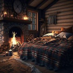 a bedroom with a bed, fireplace and blankets on the floor in front of it