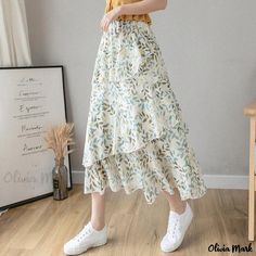 Olivia Mark - Long Irregular Cake Skirt with Chrysanthemum and Floral Print in Chiffon Material Chiffon Midi Skirt, Long Chiffon Skirt, Cake Dress, Cake Skirt, Plaid Pleated Skirt, Dress Cake, Half Skirt, Irregular Hem, Printed Midi Skirt