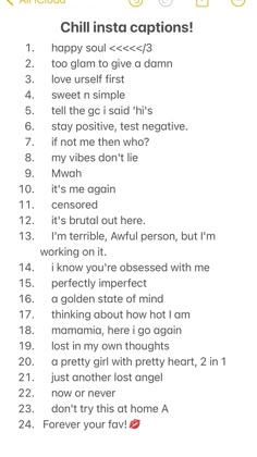 a list with the words chilli insta captions on it's side