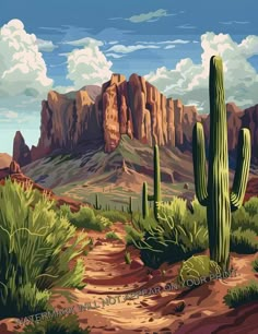 a painting of a cactus and mountains in the desert