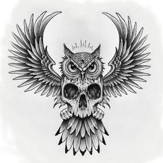 an owl skull with wings on it's head is shown in black and white