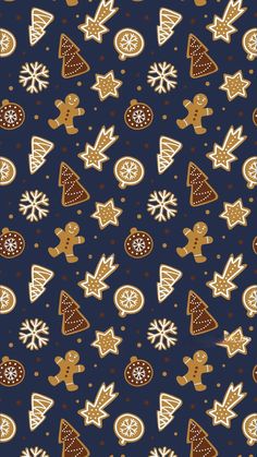 a blue background with ginger cookies and christmas trees