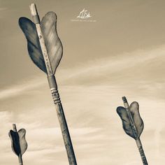 three arrows pointing in different directions on a cloudy day with the sky in the background