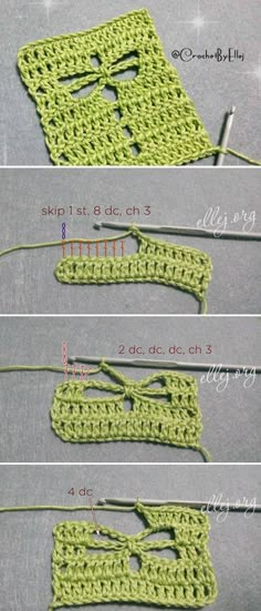 the crochet pattern is shown in three different stages