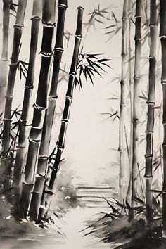 black and white painting of bamboo trees