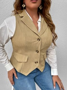 Khaki Casual Collar Sleeveless Fabric Plain Vest Embellished Non-Stretch  Plus Size Suits Blazer Without Shirt, Plus Size Blazers, Double Breasted Vest, Girls Vest, Vest Blazer, Linen Set