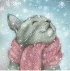 a painting of a cat wearing a pink scarf and snowflakes in the background