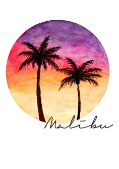 a watercolor painting of two palm trees with the word melihu in front of it