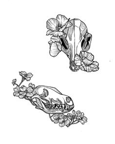 a drawing of two flowers and a lizard's head with its mouth open on a white background