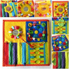 several different pictures of colorful items on a white surface with polka dots and circles around them