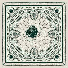 a green and white square with a rose on it's center, surrounded by dots