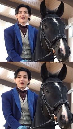 a man standing next to a black horse wearing a blue blazer and white shirt