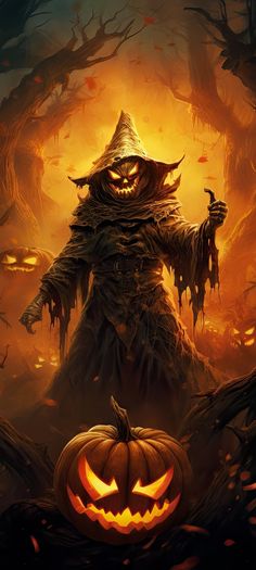 a halloween scene with a scarecrow and pumpkins