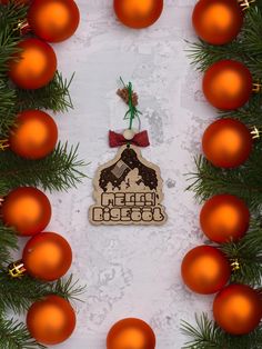 an ornament hanging from a christmas tree surrounded by red balls and pine needles