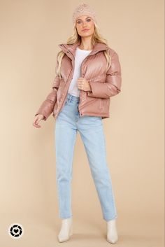 Fluffy Jean Jacket Outfit, Pink Puffer Jacket Outfit, Puffer Jacket Outfits, Sweaters Outfit, Pink Puffer Coat, Old Navy Jean Jacket, Pink Puffer Jacket, Winter Jacket Outfits, Leather Puffer Jacket