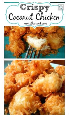 crispy coconut chicken on a blue plate with a fork in it and the words, how to make crispy coconut chicken