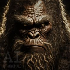 an image of a gorilla with big eyes and long hair, in the middle of a dark background