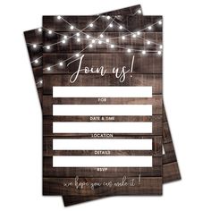 the rustic wood and string lights wedding information card