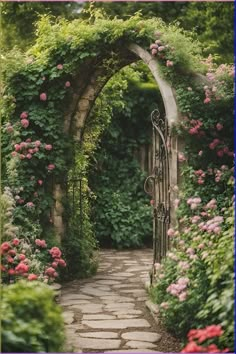 a stone path leads through an archway covered in flowers