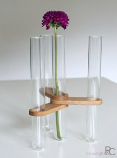 two vases with flowers in them on a white surface, one is holding a wooden handle