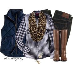 Navy Vest Outfit, Brown Vest Outfit, Navy Vest, Hiker Boots, Leopard Scarf, Navy Gingham, Gingham Shirt, Winter Mode