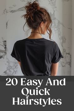 Woman with a casual updo, black t-shirt, standing in front of an abstract wall art, representing easy and quick hairstyles. Cute Hairstyles For Cleaning, Casual Fancy Hairstyles, Easy For Medium Hair Hairstyles, Pretty Hair Updos Easy Hairstyles, Hairstyles For Camping Easy, Trending Hairstyles Long Hair, Womens Hair Dos, Quick Easy Hair Dos For Long Hair, Casual Ways To Put Hair Up