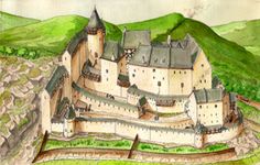 an old drawing of a castle on top of a hill