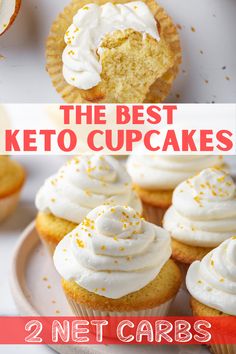 An overhead view of a keto cupcake with a bite out of it. Below is a picture of keto vanilla cupcakes with keto cream cheese frosting on top. Low Carb Cupcakes, Keto Cupcakes, Desayuno Keto, Keto Cream, Low Carb Muffins, Thm Desserts, Low Carb Low Sugar, Keto Cake, Keto Brownies