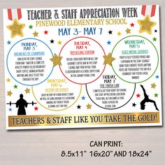 teacher and staff appreciation week poster with gold stars on the back, in front of a wooden