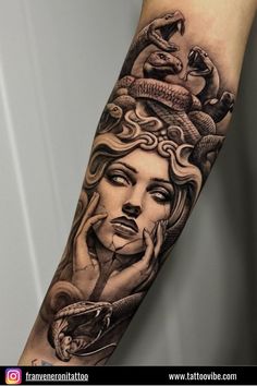 a woman with a snake on her head is shown in black and grey tattoo art