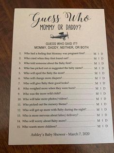 a baby shower game with the words guess who mommy or daddy?