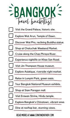 the bangkok travel checklist is shown in black and white with green lettering on it