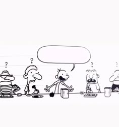 three cartoon characters sitting at a table talking to each other and one has an empty speech bubble above his head