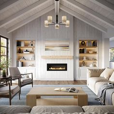 a living room filled with furniture and a fire place in the middle of a room