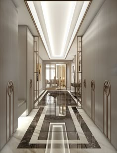 an elegant hallway with marble flooring and gold trimmings on the walls, leading to a dining room