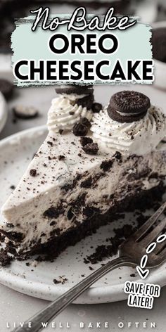 a slice of oreo cheesecake on a plate with a fork