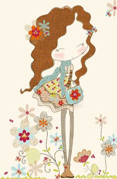 a drawing of a girl with long hair and flowers in her hair, holding a purse